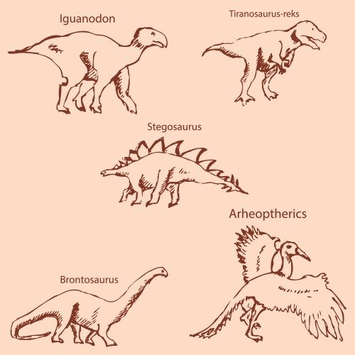 Dinosaurs with names pencil sketch by hand Vector Image