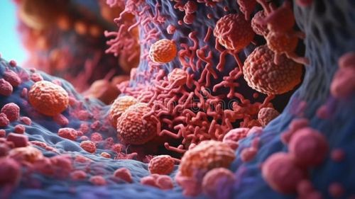 An ultra-realistic close-up scientific image of microbiota colonies in the intestine. Microbiome. Generative AI. Bacteria gut stock images, royalty-free photos and pictures