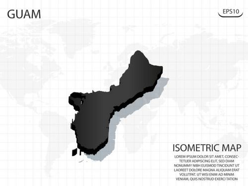 3D Map black of Guam on world map background .Vector modern isometric concept greeting Card illustration eps 10. 3D Map black of Guam on world map background .Vector modern isometric concept greeting Card illustration eps 10. guam-map stock illustrations