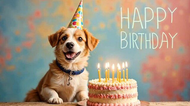 cute happy dog in a birthday cap sits at a table in front of a cake with burning candles on a bright multi-colored background with the inscription HAPPY BIRTHDAY
