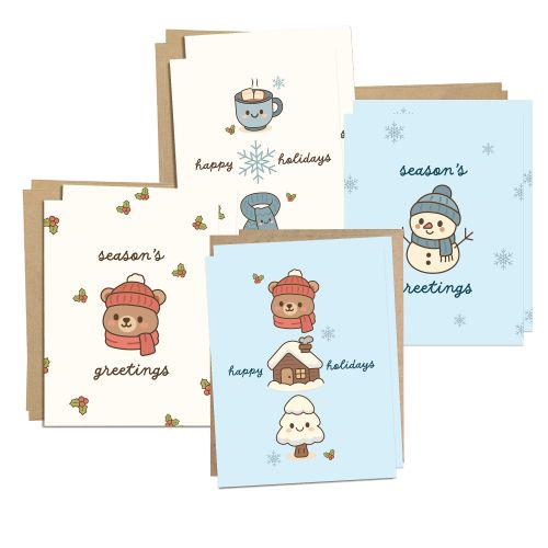 Set of four cute Christmas and happy holidays greeting cards with cute bear snowmen designs in a 8-card boxed set.