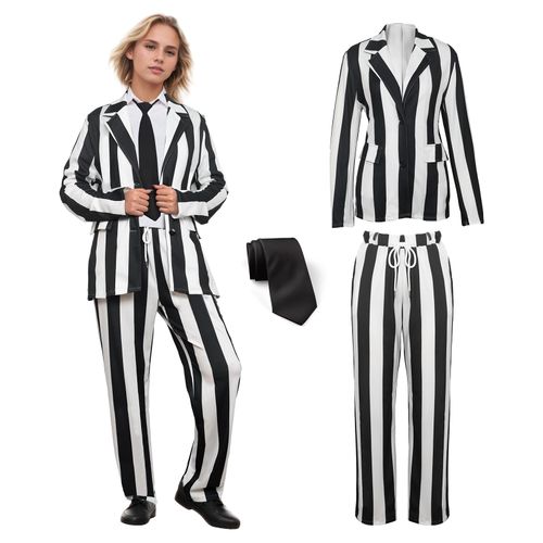 Black and White Striped Suit Women Halloween Costumes Include Blazer Length Pant with Tie for Cosplay Parties