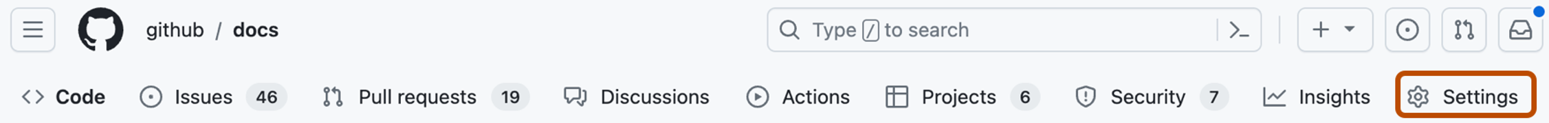 Screenshot of the tabs in a GitHub repository. The "Settings" option is outlined in dark orange.