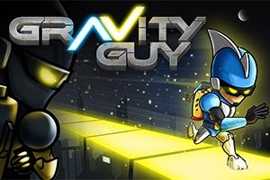The image features a blue and black humanoid character running on a bright, illuminated platform in a futuristic cityscape, showcasing the title Gravity Guy in a bold, stylized font against a cosmic backdrop