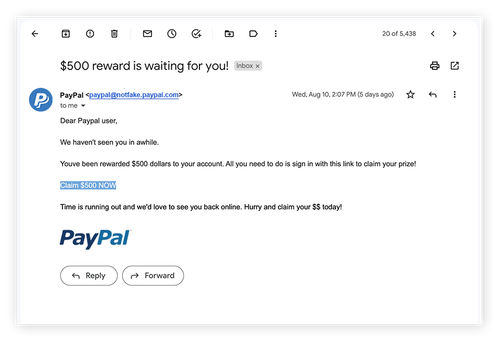 PayPal phishing scam email example showing urgent request to claim money.