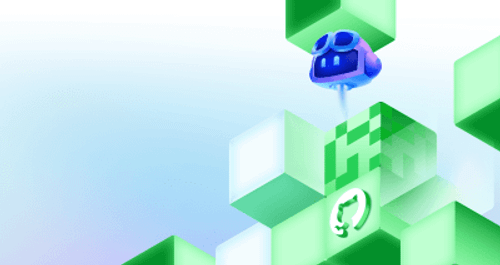 Copilot hovering above geometric blocks featuring the GitHub invertocat logo in a decorative scene.