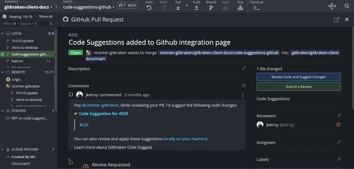 User suggesting code changes within a pull request using GitKraken Desktop's review interface