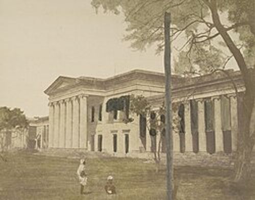 A coloured-in photograph (1851) of Hindu College, Calcutta, which had been founded in 1817 by a committee headed by Raja Ram Mohun Roy. In 1855, the Government of the Bengal Presidency renamed it Presidency College and opened it to all students.