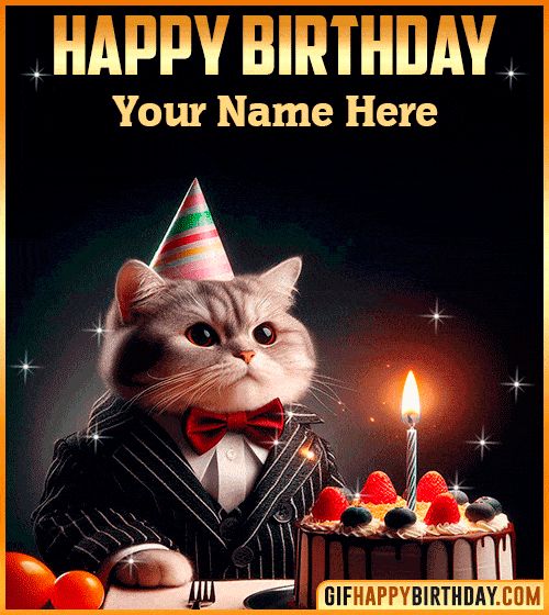 Elegant Cat Happy Birthday GIF with Name – A classy cat in a striped suit and red bow tie sitting beside a birthday cake with candles. A fun and cute animation to personalize for free.
