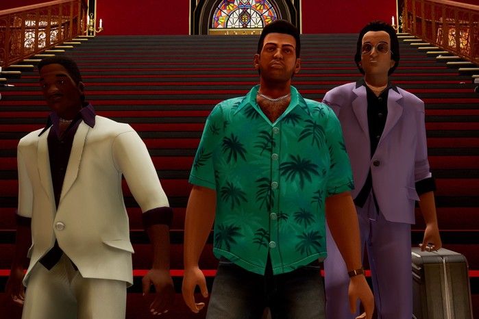 Three Grand Theft Auto Vice City characters walking down a set of red stairs