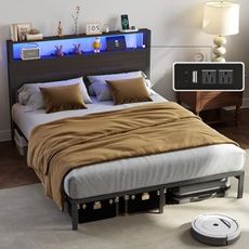 RVONOW Full Size Bed Frame with Headboard, Metal Platform Bed Frame with LED Lights & Charging Station, Under Bed Storage, Solid and Stable, No Box Spring Needed, Noise Free, Easy Assembly, Dark Grey