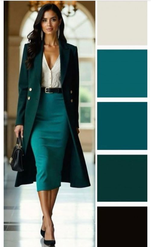 Elegant Color Combinations Clothes, Green And Dark Blue Outfit, Olive And Teal Outfit, Verdigris Color Combination, Peacock Green Outfit, Dark Green And Light Blue Outfits, Teal Combination Outfit, Elegant Color Combinations Outfit, Dark Green Combination Outfit