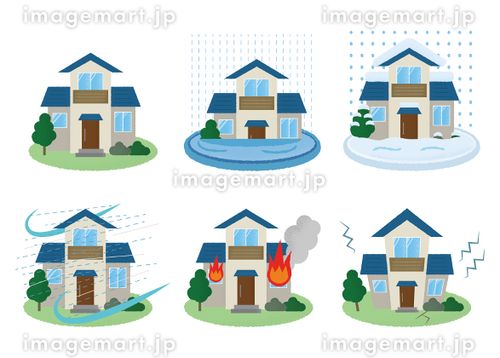 災害に遭う住宅のベクターイラストセット　水害・雪害・台風・火災・地震 住宅ローン,地震保険,損害保険のイラスト素材