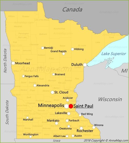 a map of the state of minnesota with major cities and roads on it's side