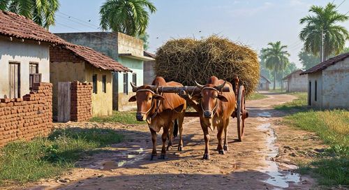 “Traditional bullock cart carrying hay through village streets, photorealistic 8K.”
