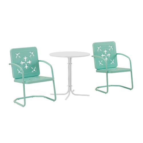 Image of Crosley Furniture Azalea 3-Piece Vintage Outdoor Bistro Set, Retro Metal Patio Table and Chairs, Porch, Balcony, Aqua Gloss/White Satin