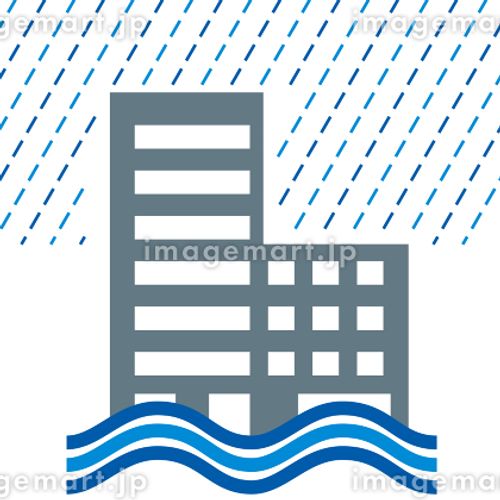 マンション、住宅住居、家の洪水、豪雨水害のイラスト　アイコン、シルエット、損害保険自然災害イメージ ストローク,コンビニ,シンボルのイラスト素材