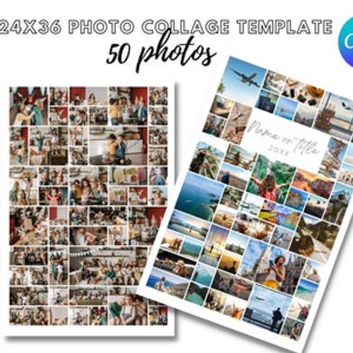 May include: A collage template with 50 photo spaces, perfect for creating a large photo collage. The template is designed for a 24x36 inch print. The template has a white background with a black border. The template includes a space for a name or title.