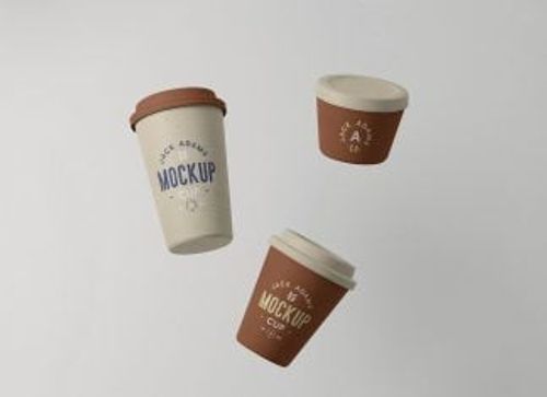 Free Floating Three Paper Coffee Cup Mockup PSD