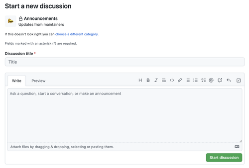 Screenshot of the text fields for the title and body for a new discussion.