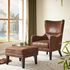 Asucoora Mid-Century Modern Accent Chairs with Ottoman Footstool Set, Wingback Club Chair with Footrest Set, Nailhead Trim | Solid Wood | Vintage Distressed, Including Chair and Ottoman