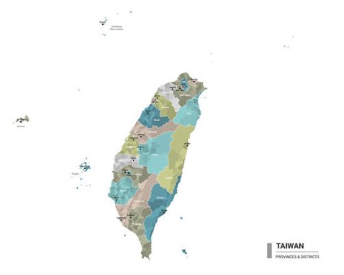 Taiwan higt detailed map with subdivisions. Administrative map of Taiwan with districts and cities name, colored by states and administrative districts. Vector illustration.