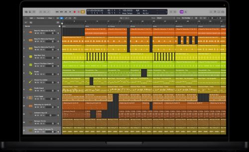 Screen of MacBook Pro of Logic Pro being used to edit a song