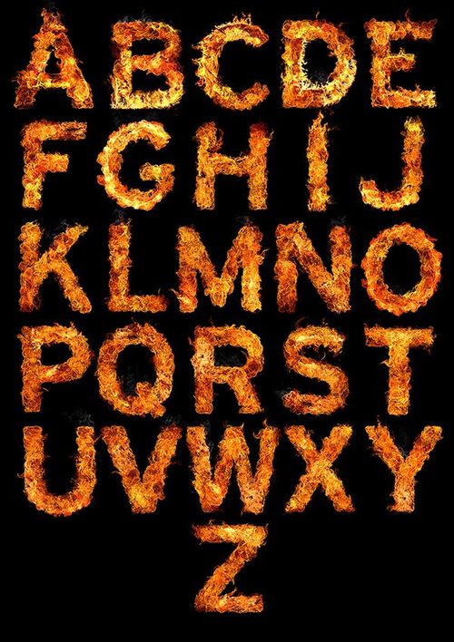 the letters are made out of fire and have different font styles on them, including one for