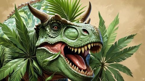 video of  dinosaur stretches its long neck to munch on fresh palm leaves in a prehistoric jungle, surrounded by lush vegetation and ancient trees, portraying a peaceful moment in the Mesozoic era