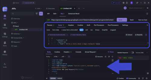 gemini api paste json body post request see response