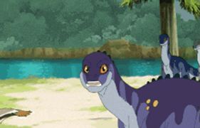 a cartoon drawing of a purple dinosaur with yellow spots
