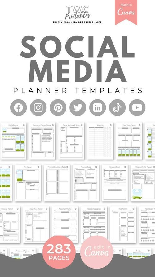 the social media planner template is shown in pink and gray colors, with text overlaying