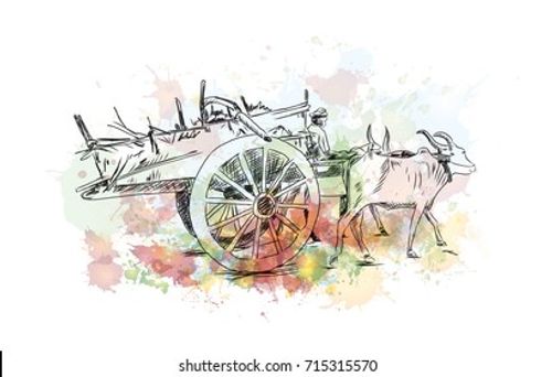Watercolor sketch of Bull Cart in vector illustration. Stock Vector