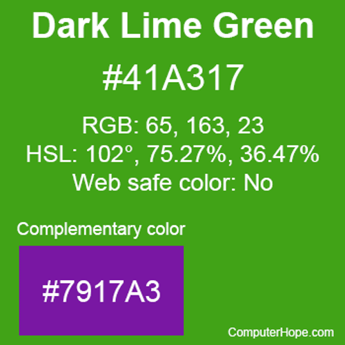 Example of Dark Lime Green color or HTML color code #41A317 with complementary color #7917A3.