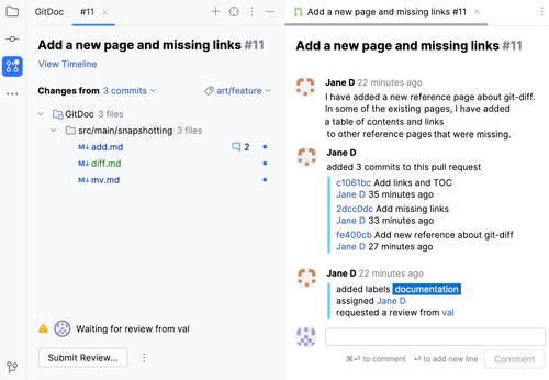Tab with an overview of the selected pull request