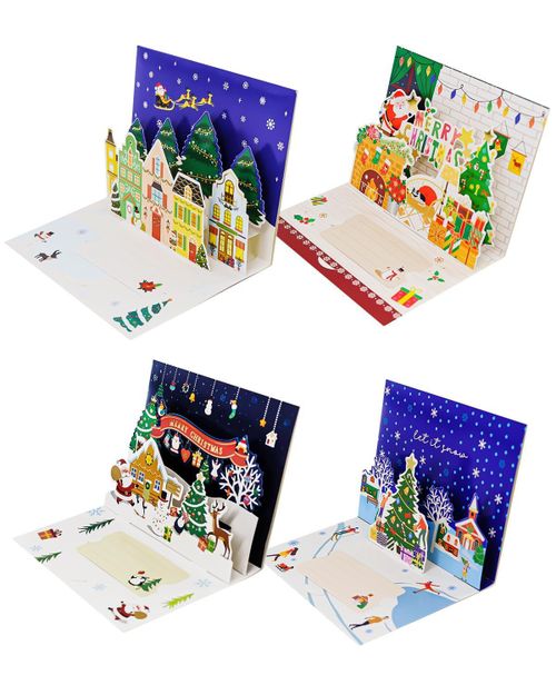 four christmas cards with different scenes on them
