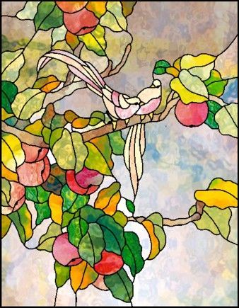 a stained glass window with an apple tree branch and leaves on it's side