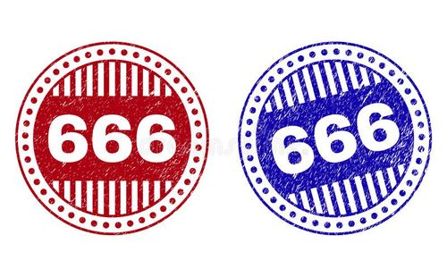 Grunge 666 round stamp seals isolated on a white background. Round seals with grunge texture in red and blue colors. Vector rubber imitation of 666 text inside circle form with stripes. 666 vectors
