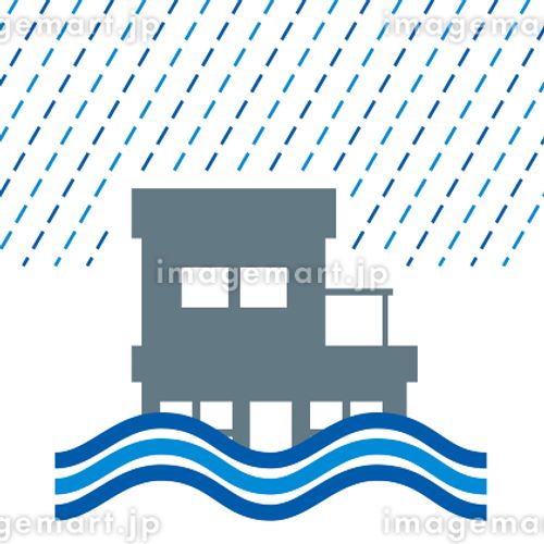 一戸建て　住宅住居、家の洪水、豪雨水害のイラスト　アイコン、シルエット、損害保険自然災害イメージ ストローク,コンビニ,シンボルのイラスト素材