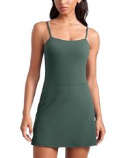 CRZ YOGA Womens Butterluxe Tennis Dress Spaghetti Strap Casual Athletic Sports Outfits with Built-in Shorts and Bras Dark Forest Green Small