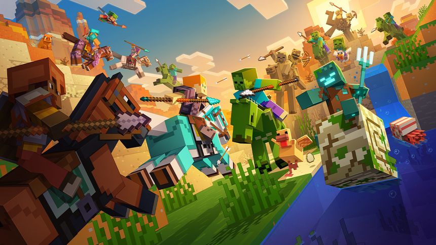 Several Minecraft characters are carrying spears while engaged in jousting matches in a canyon. A drowned rides a nautilus in a river while wielding a trident.