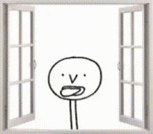 a black and white drawing of a stick figure looking out a window .