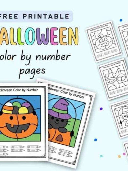 A collection of Halloween-themed "color by number" pages for preschoolers, featuring illustrations of a pumpkin and a cat with crayons, presented as a free printable resource.