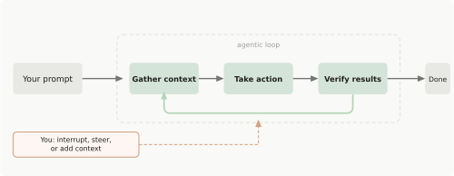 代理循环：您的提示导致 Claude 收集上下文、采取行动、验证结果，并重复直到任务完成。您可以在任何时刻中断。