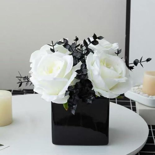 LADADA Artificial Flowers with Small Ceramic Vases, Roses in Vases Plastic Artificial Flowers and Plants,Used for Home Off...