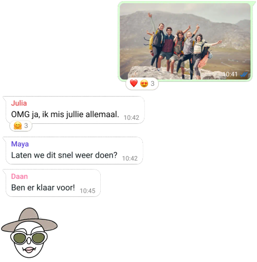 screenshot van whatsapp-functie voor groepsgesprek met uitwisseling van foto's en chatberichten