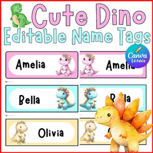 Preview of Dino Editable Name Tags, Cute Dinosaur Desk Name Plates, Back to School