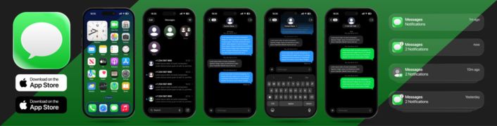 iPhone Messages app UI 2026 update with Liquid Glass iOS 26 design. Modern chat interface with bubbles, notifications, and icons shown on iPhone 17 Pro.