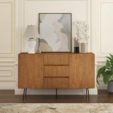 NTC Veil Sideboard with 2 Doors and 3 Drawers, Buffet Cabinet with Vertical Groove Design and Metal Legs, Storage Cabinet for Living Room, and Entryway, Effortless Assembly, Teak Look