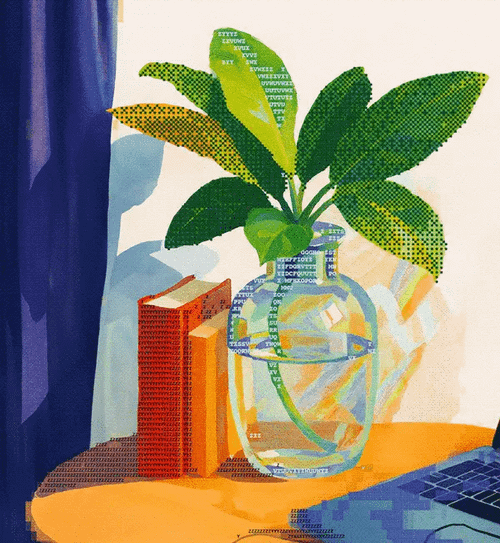 一幅桌子上摆放着书籍、植物和笔记本电脑的插图。